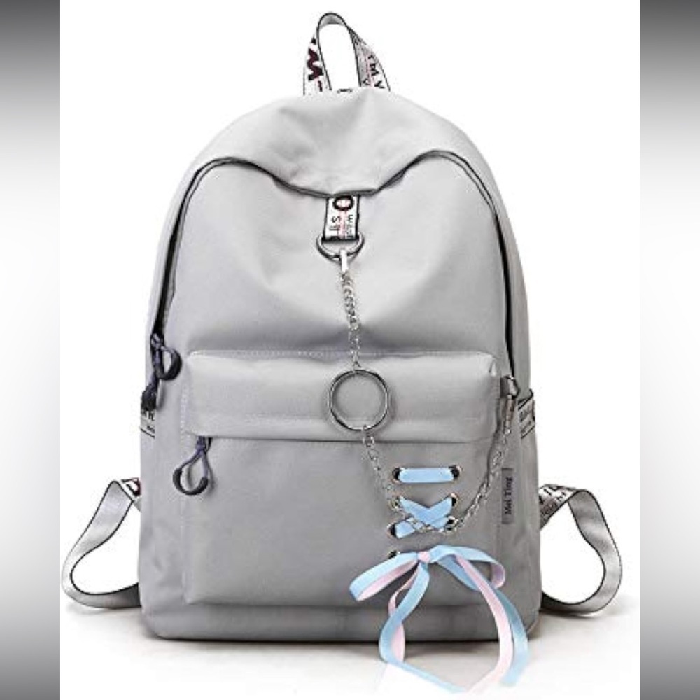 Chic Kawaii Light Gray Backpack‎ with Chain and Ribbon Accents